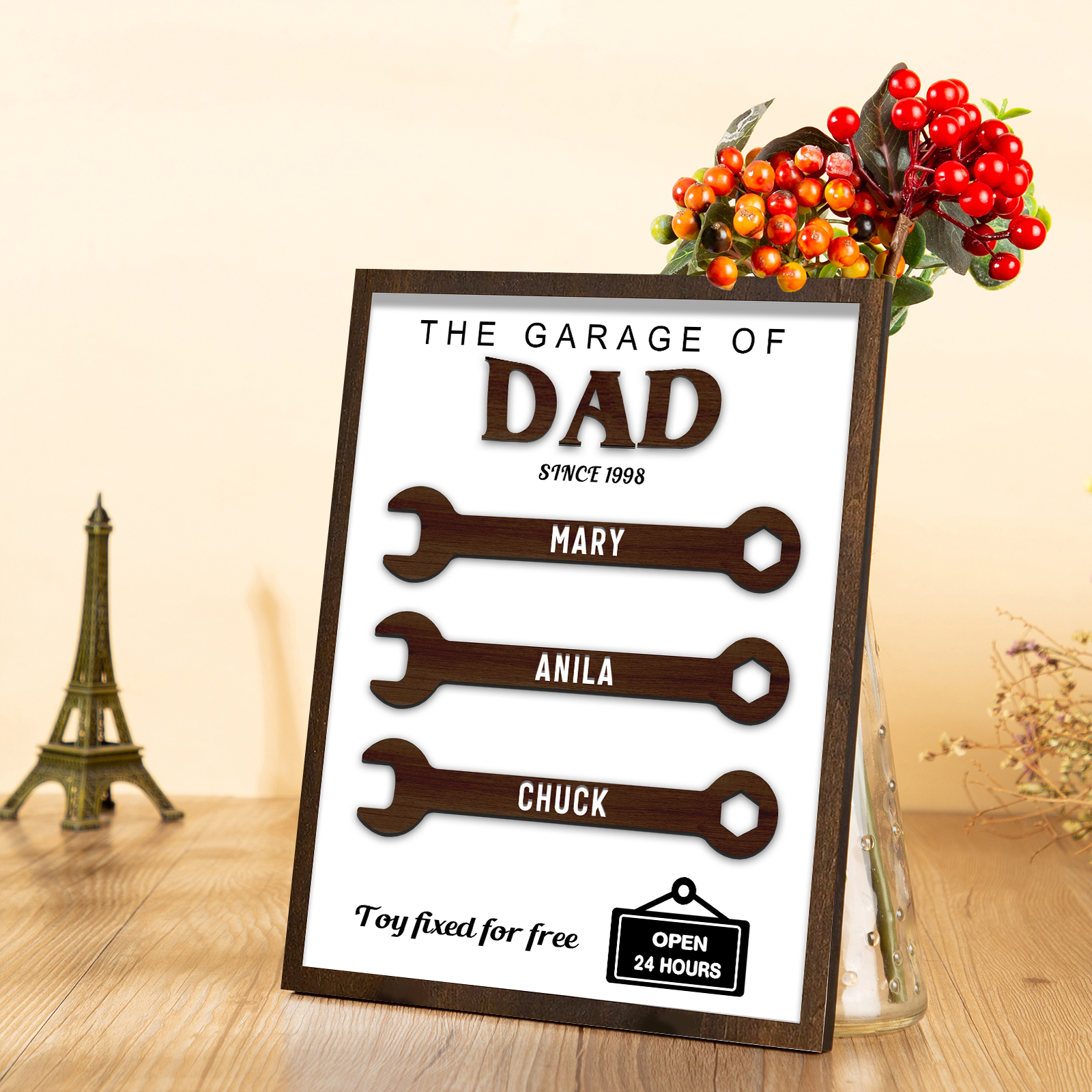 3 Names - Personalised Repair Tool Style Home Photo Frame Wooden Decor Father's Day Gift for Dad