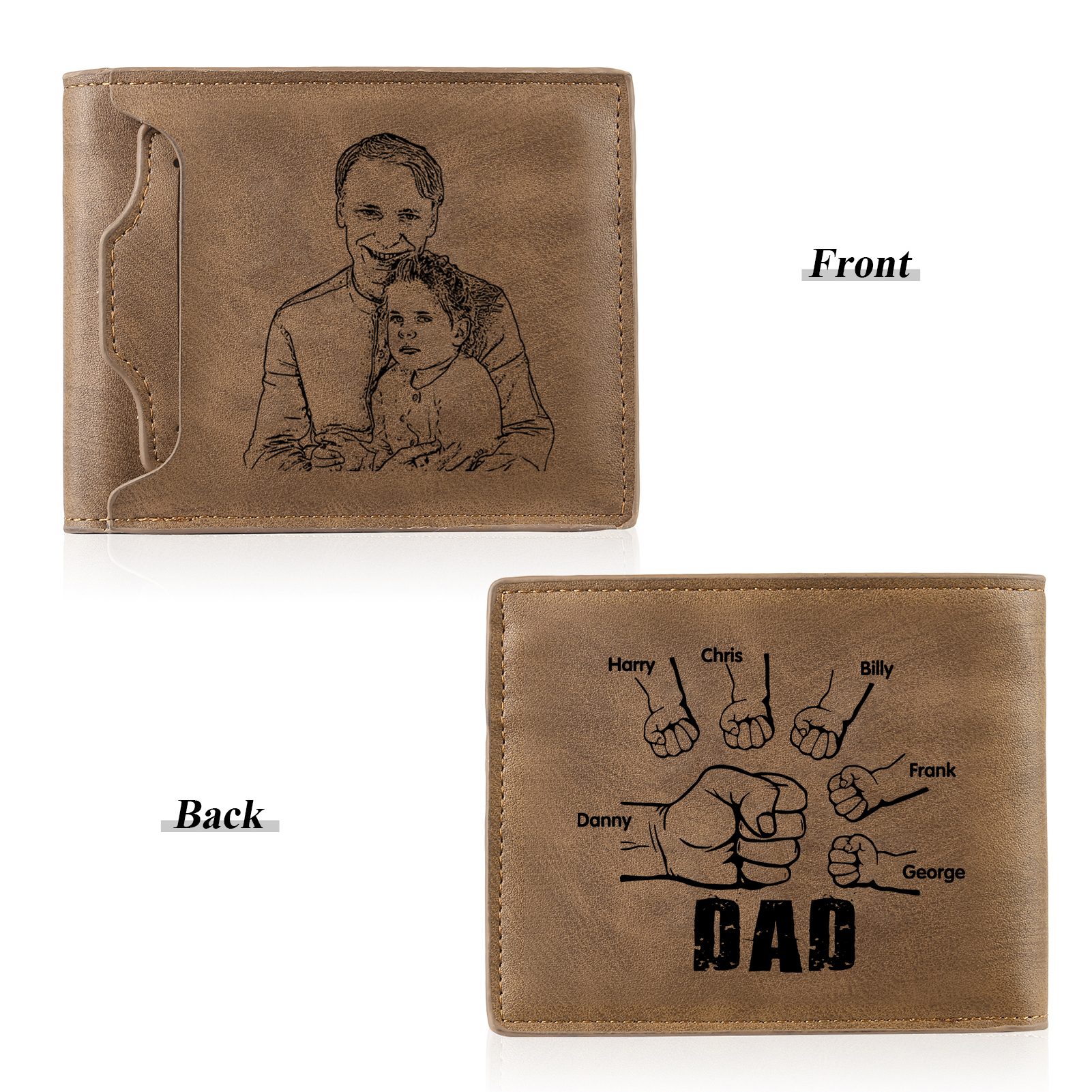 6 Names - Personalised Photo Custom Leather Men's Folding Wallet as a Father's Day Gift for Dad