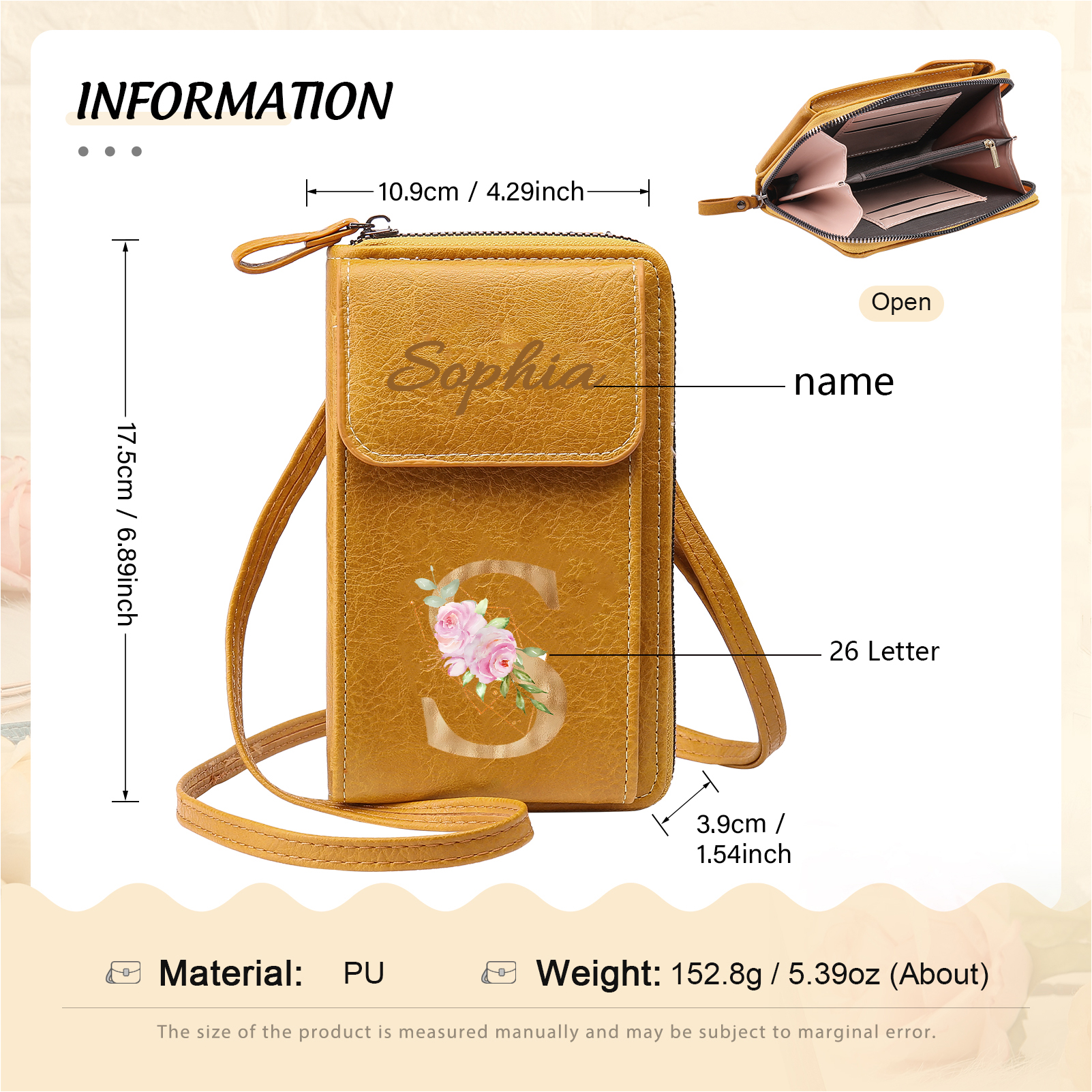 Custom Purse-Personalised Women's Leather Wallet Custom Letter & Name Mobile Phone Wallet Zipper Crossbody Bag