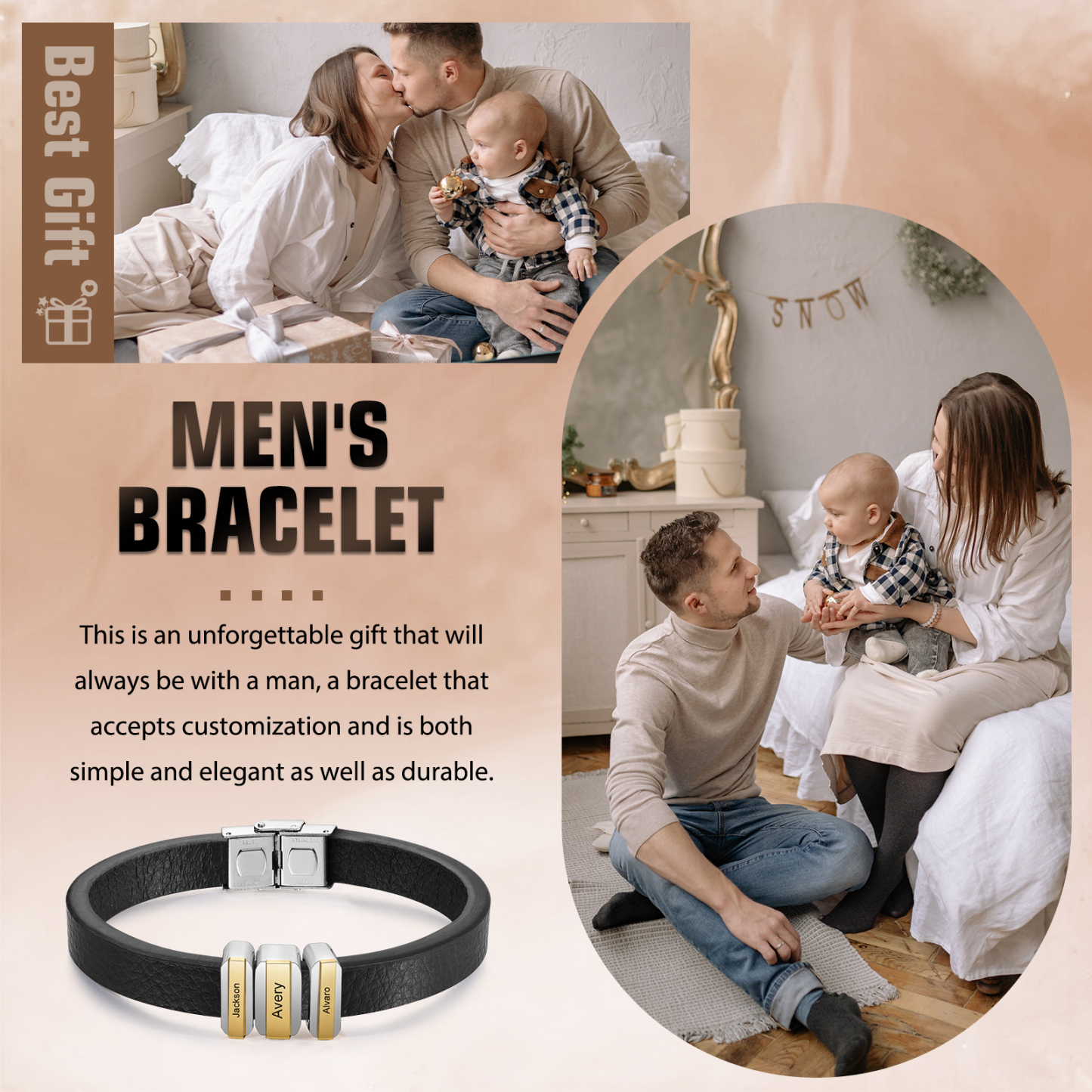 3 Names Personalised Stainless Steel Leather Bracelet Engraved Name Men's Bracelet Gift for Dad