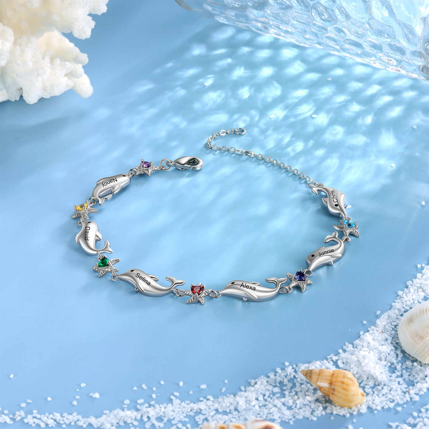 Animal Bracelet Personalized Dolphin Bracelet With 6 Birthstones Engraved Names Starfish Charm Gifts For Her