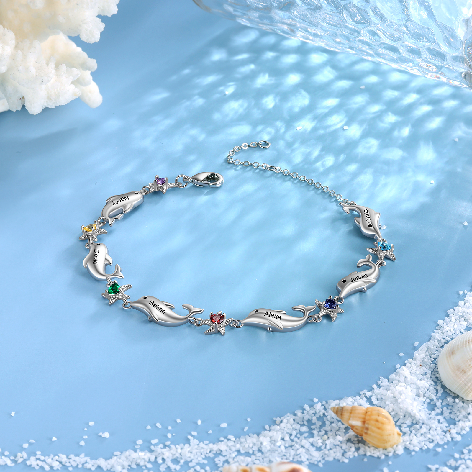 Animal Bracelet Personalized Dolphin Bracelet With 6 Birthstones Engraved Names Starfish Charm Gifts For Her