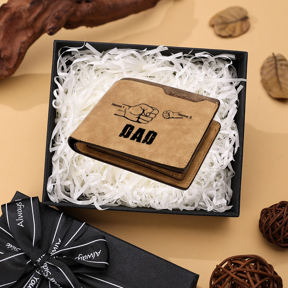 2 Names - Personalized Leather Men's Wallet Custom Photo Fist Fold Wallet With Gift Box for Dad