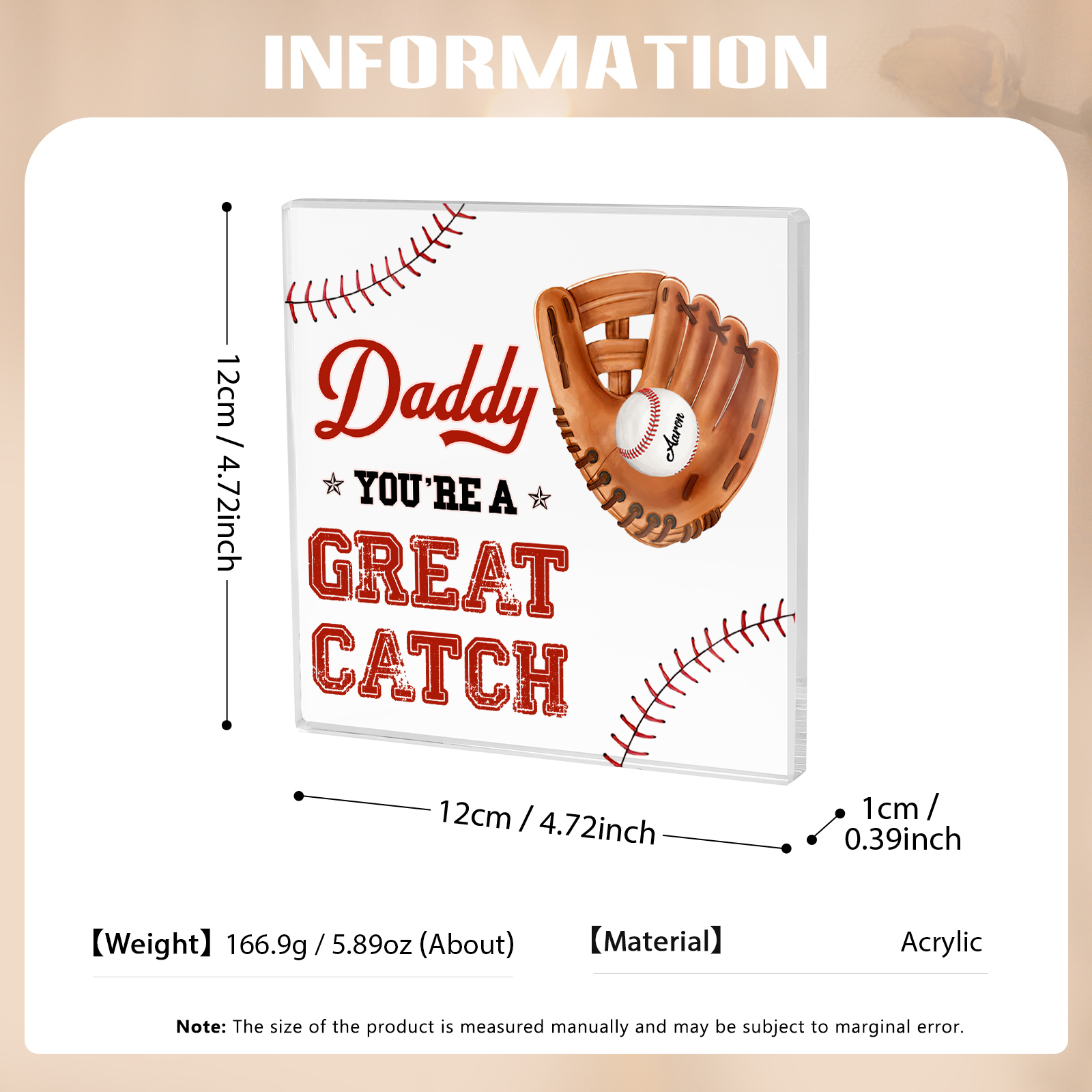 1 Name - Personalised Baseball Acrylic Keepsake Customized Name and Text Acrylic Plaque Ornament Father's Day Gift for Dad