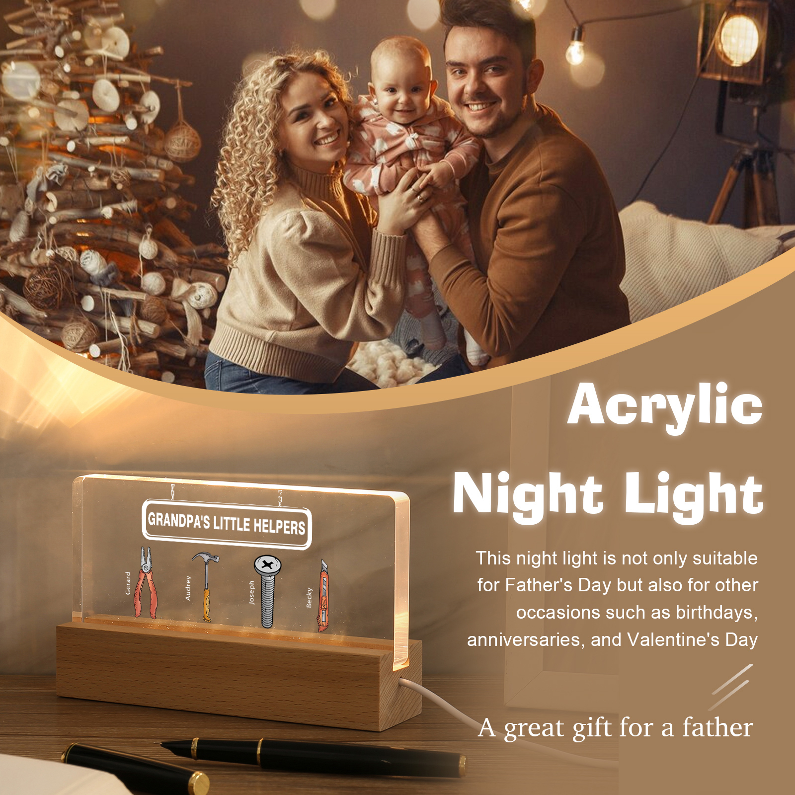 4 Names - Personalised Repair Tool Pattern Table Lamp Customized Text Father's Day Gift for Grandad/Dad