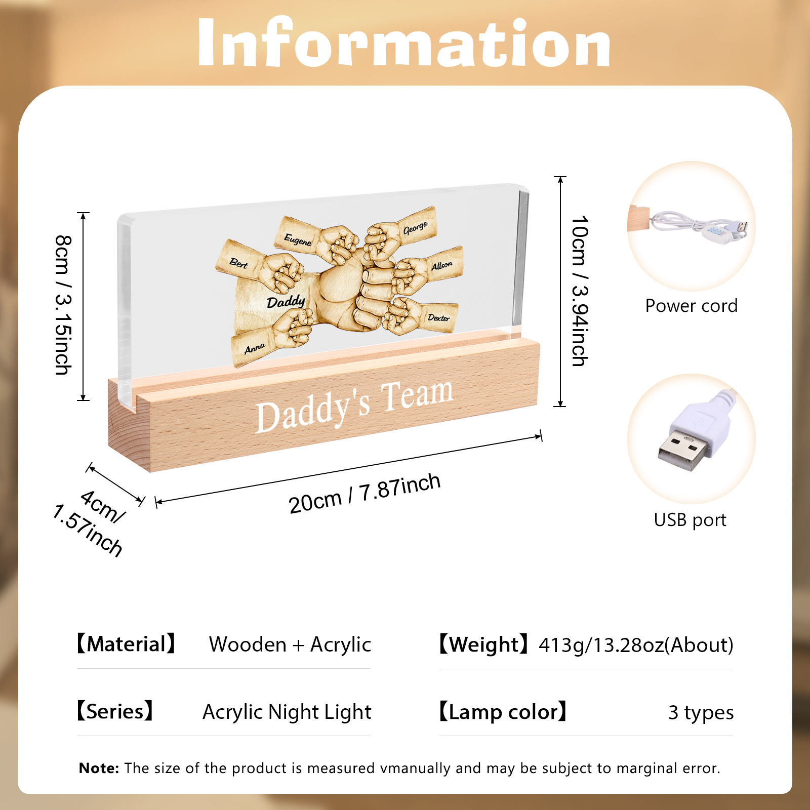 7 Names - Personalised Fist Bump Pattern Table Lamp Customized Text Father's Day Gift for Dad