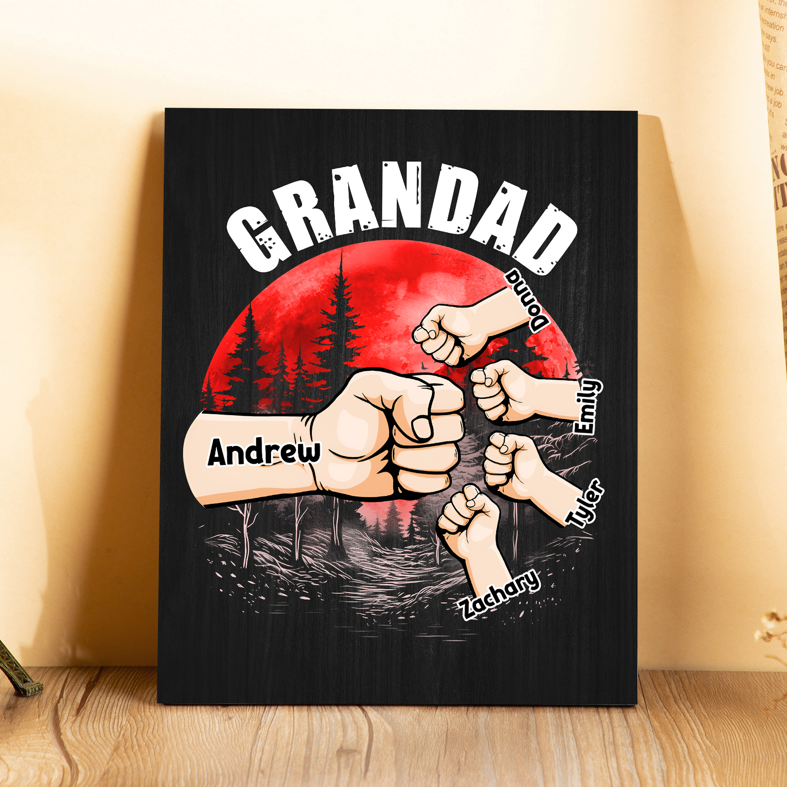 5 Names - Personalised Wooden Ornament Fist Bump Red Forest Style Engraved Name and Text Ornament for Dad