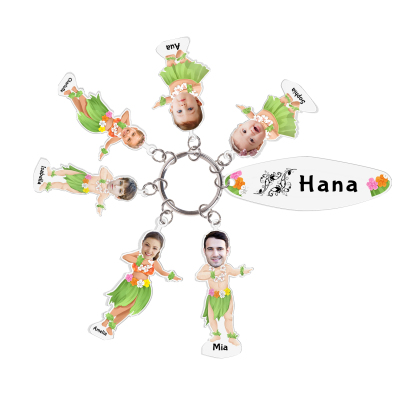 6 Names - Personalised Hawaiian Style Keyring With 6 Photo,6 Name and Text, Gift For Family