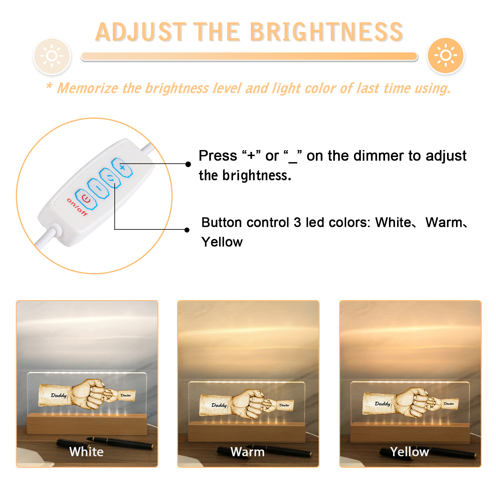 2 Names - Personalised Fist Bump Pattern Table Lamp Customized Text Father's Day Gift for Dad