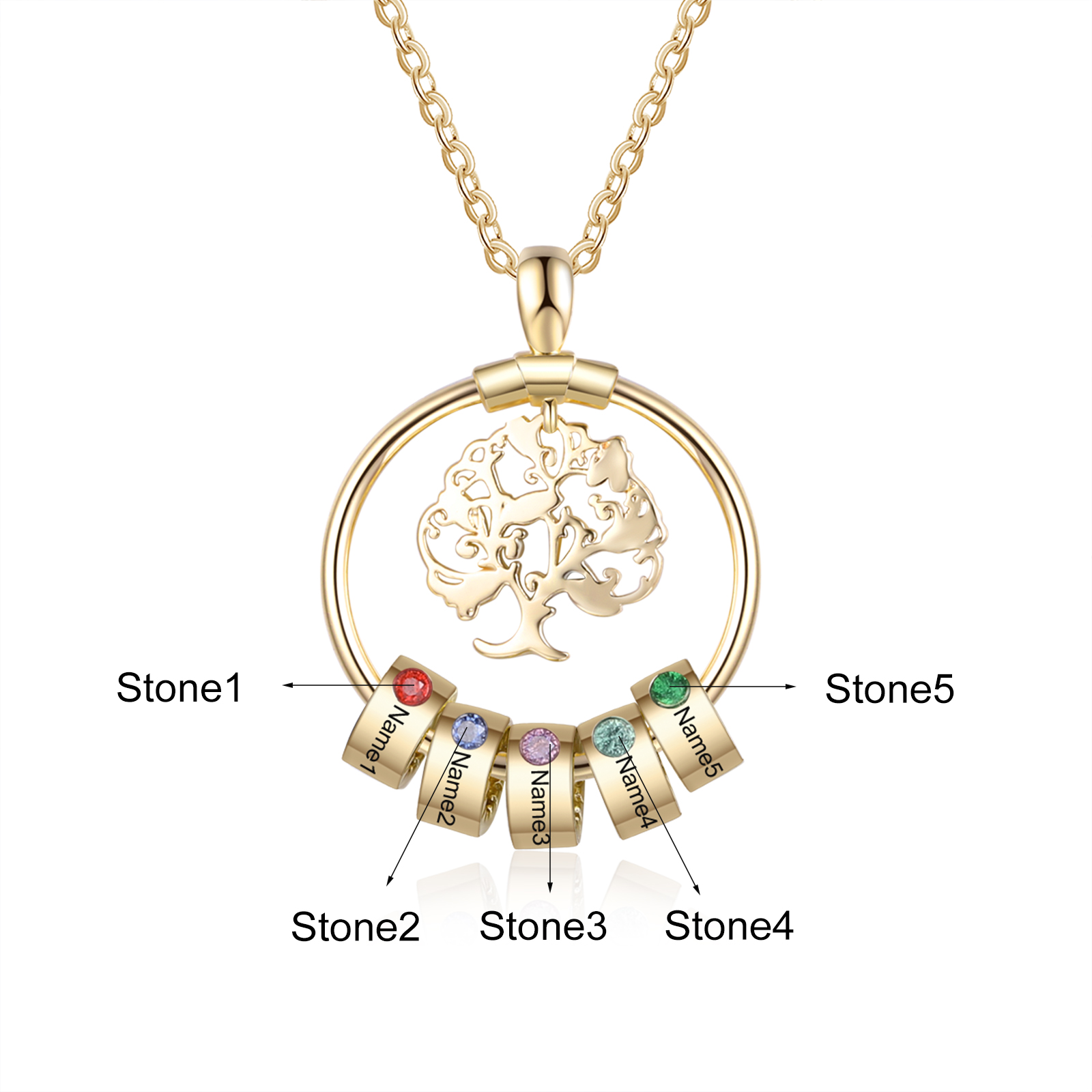 Personalised Family Tree Necklace With 5 Birthstones Engraved Names Gift For Mother