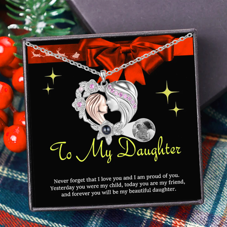 Personalised Mother and Daughter Heart Projection Necklace Custom Photo Flower Pendant Necklace for Daughter-To My Daughter Necklace Set with Gift Card Gift Box