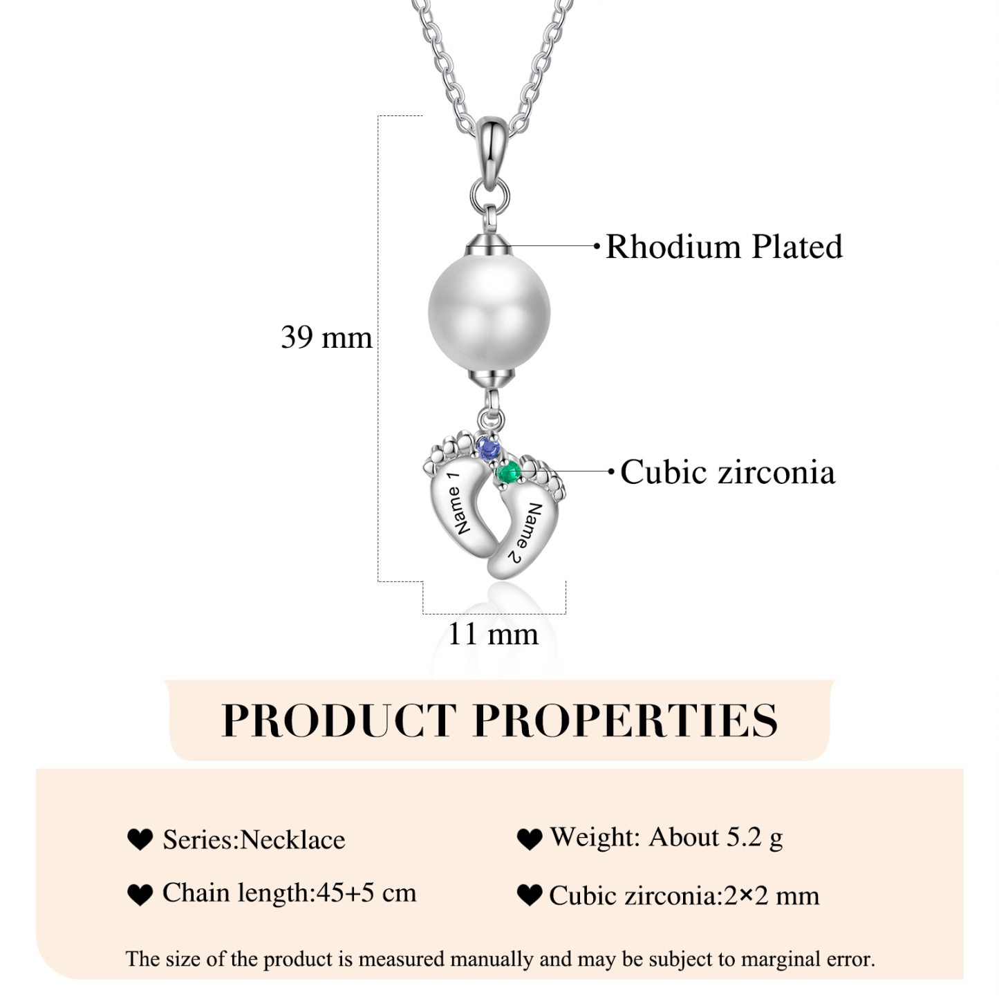 Personalised Baby Feet Pearl Necklace Custom 2 Names & Birthstones Mother Necklace