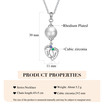 Personalised Baby Feet Pearl Necklace Custom 2 Names & Birthstones Mother Necklace