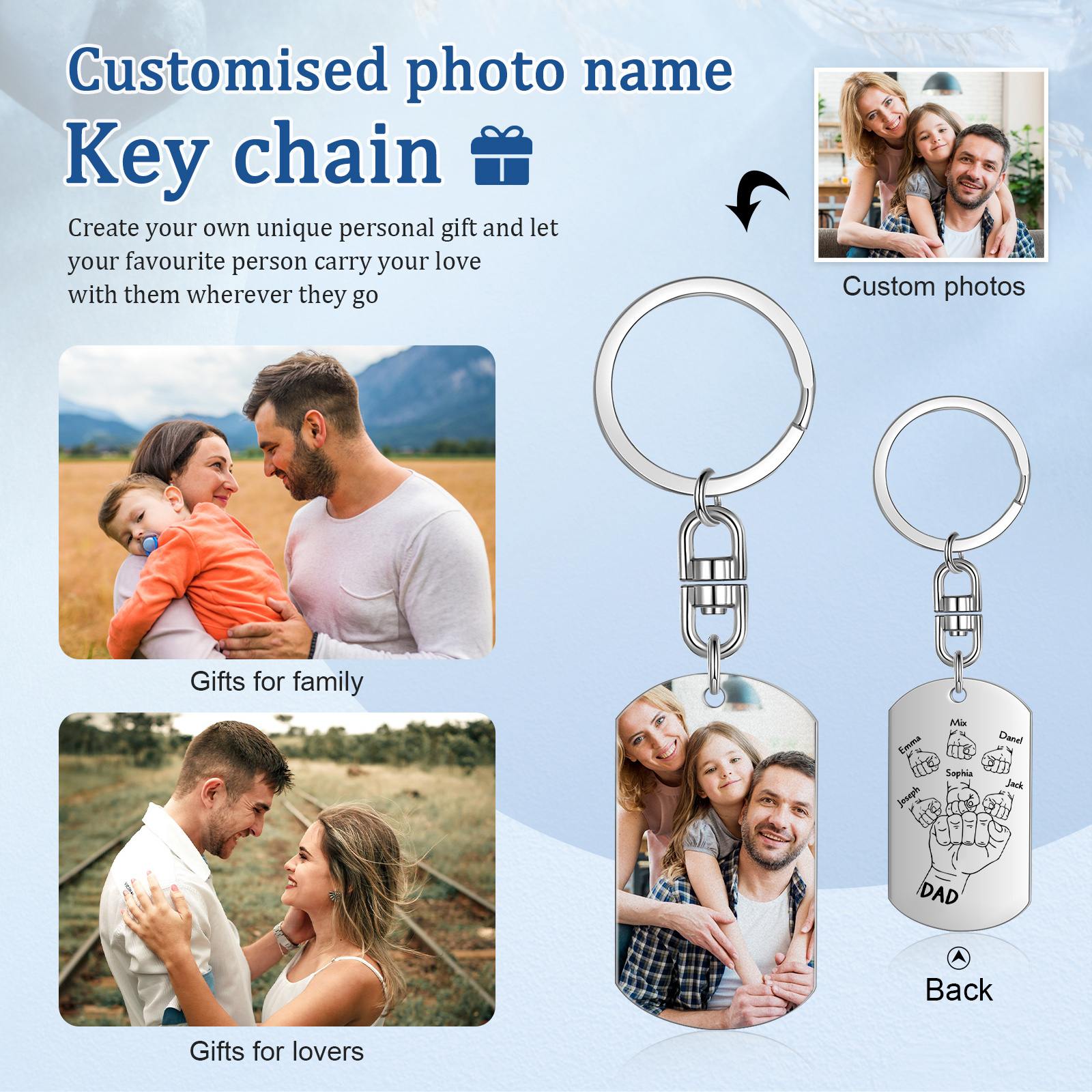 6 Names - Personalised Fist Bump Keyring Customized with Photo and Text Father's Day Gift for Dad