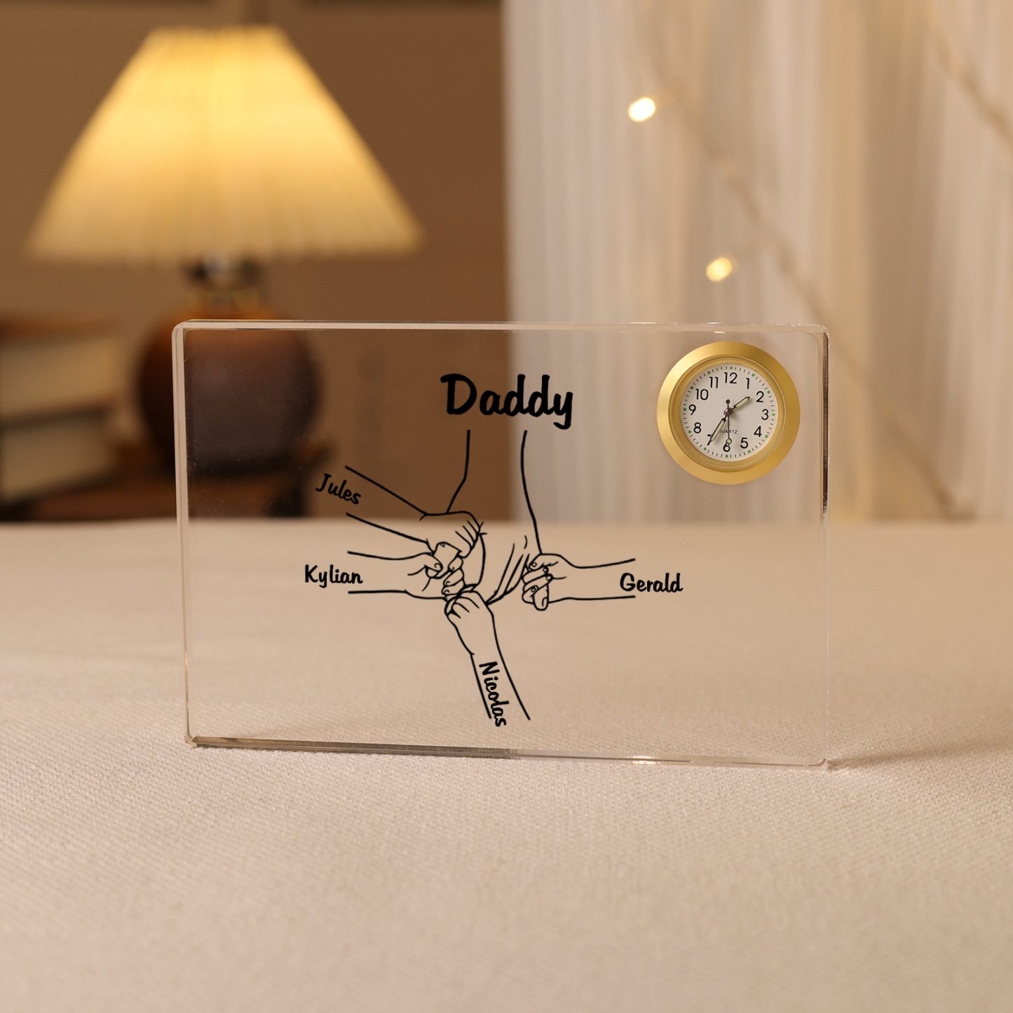 5 Names - Personalised Holding Hands Pattern Custom Name Acrylic Rectangular Clock Ornament Father's Day Gift