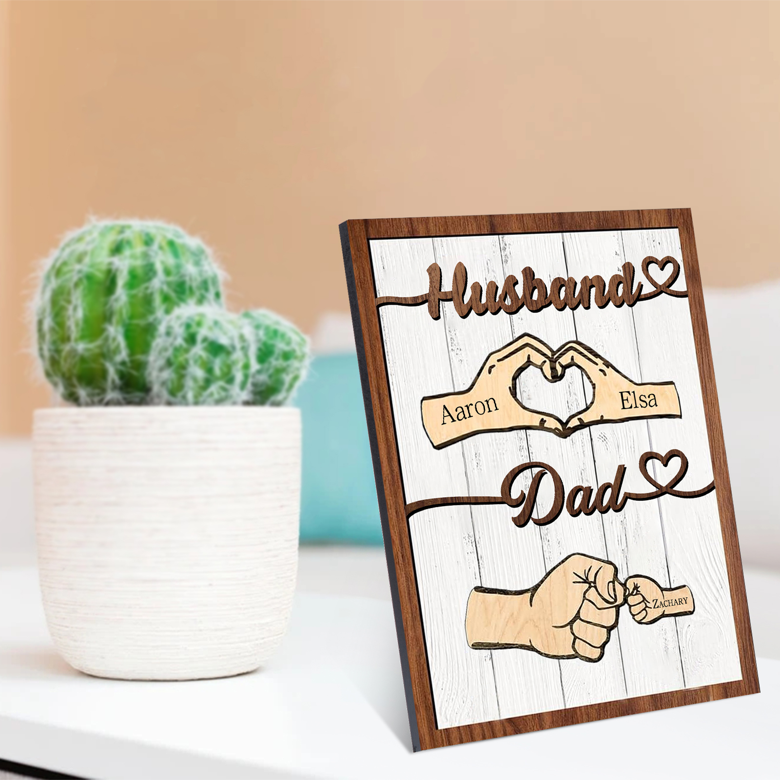 3 Names - Personalised Fist Bump Home Wooden Decor Father's Day Gift for Dad