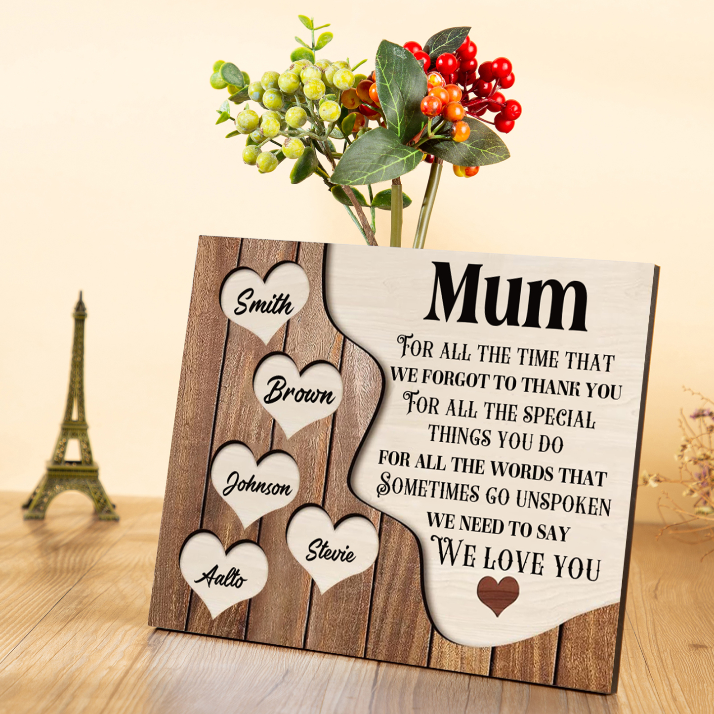 5 Names-Personalised Mum Wooden Frame Custom Names Home Decoration - Mother's Day Gifts for Mum