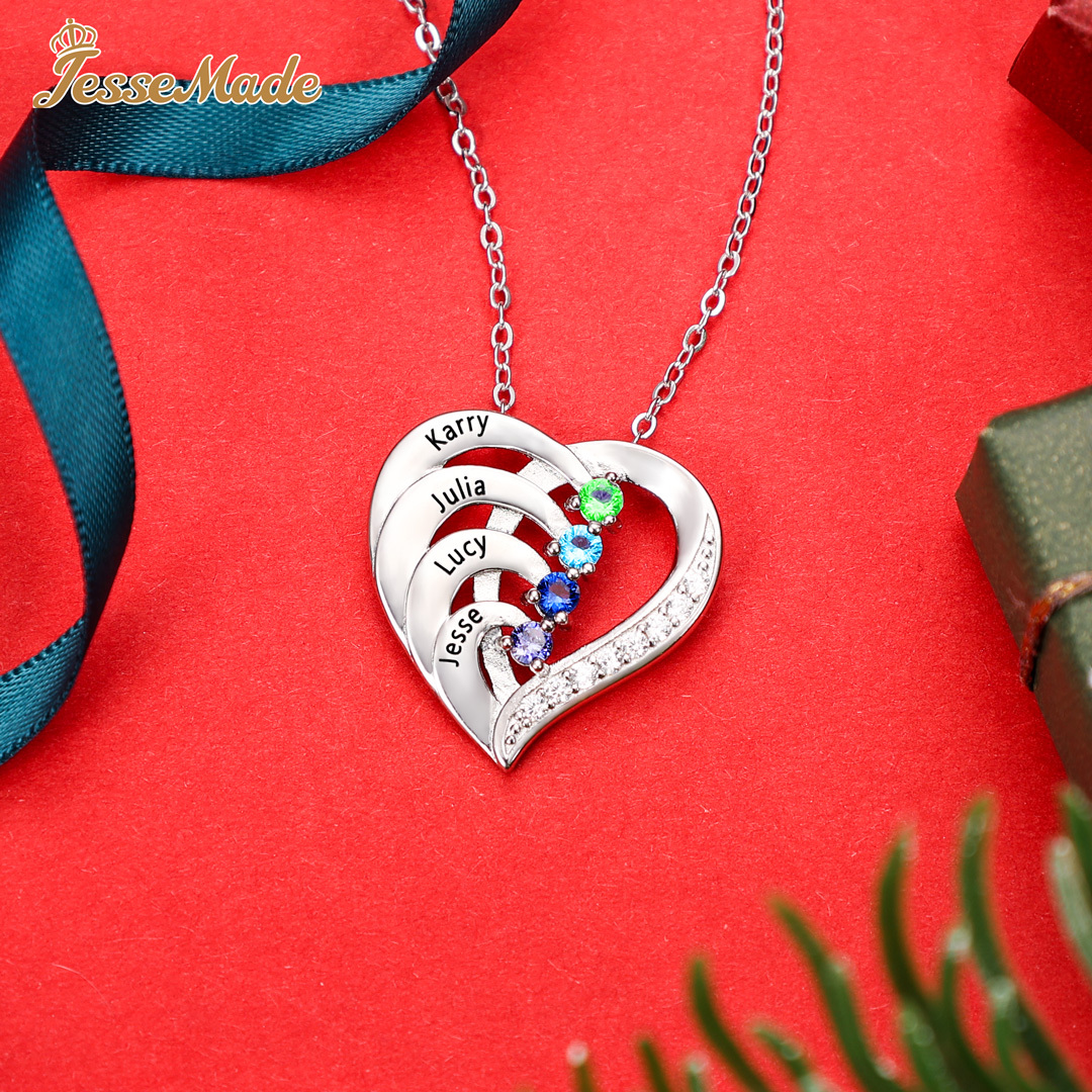 Personalised Mother Necklace 2 Stones Engraved 2 Names Birthstone Intertwined Heart Pendant Gifts for Her