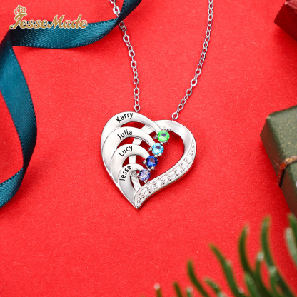 Personalised Mother Necklace 2 Stones Engraved 2 Names Birthstone Intertwined Heart Pendant Gifts for Her