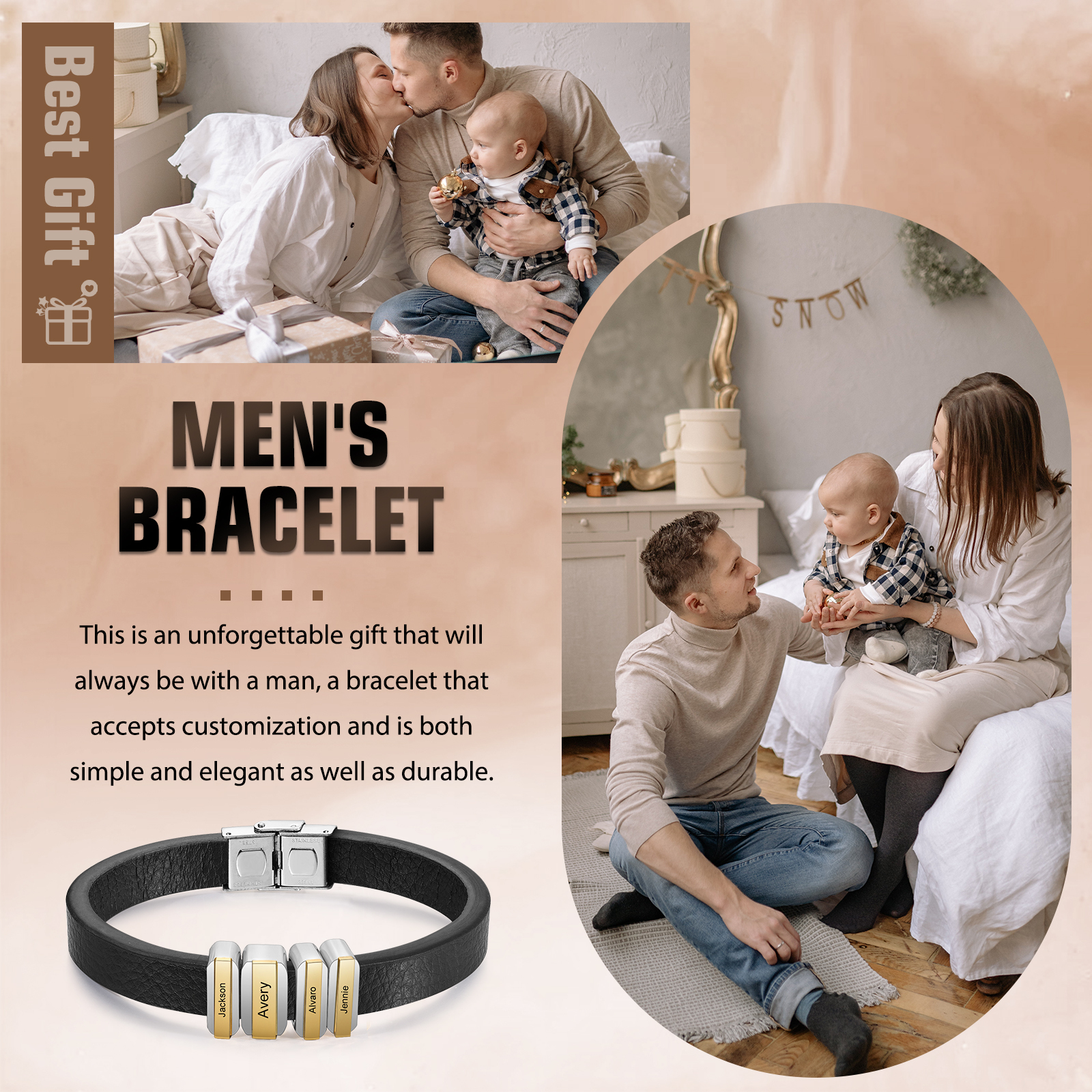 4 Names Personalised Stainless Steel Leather Bracelet Engraved Name Men's Bracelet Gift for Dad