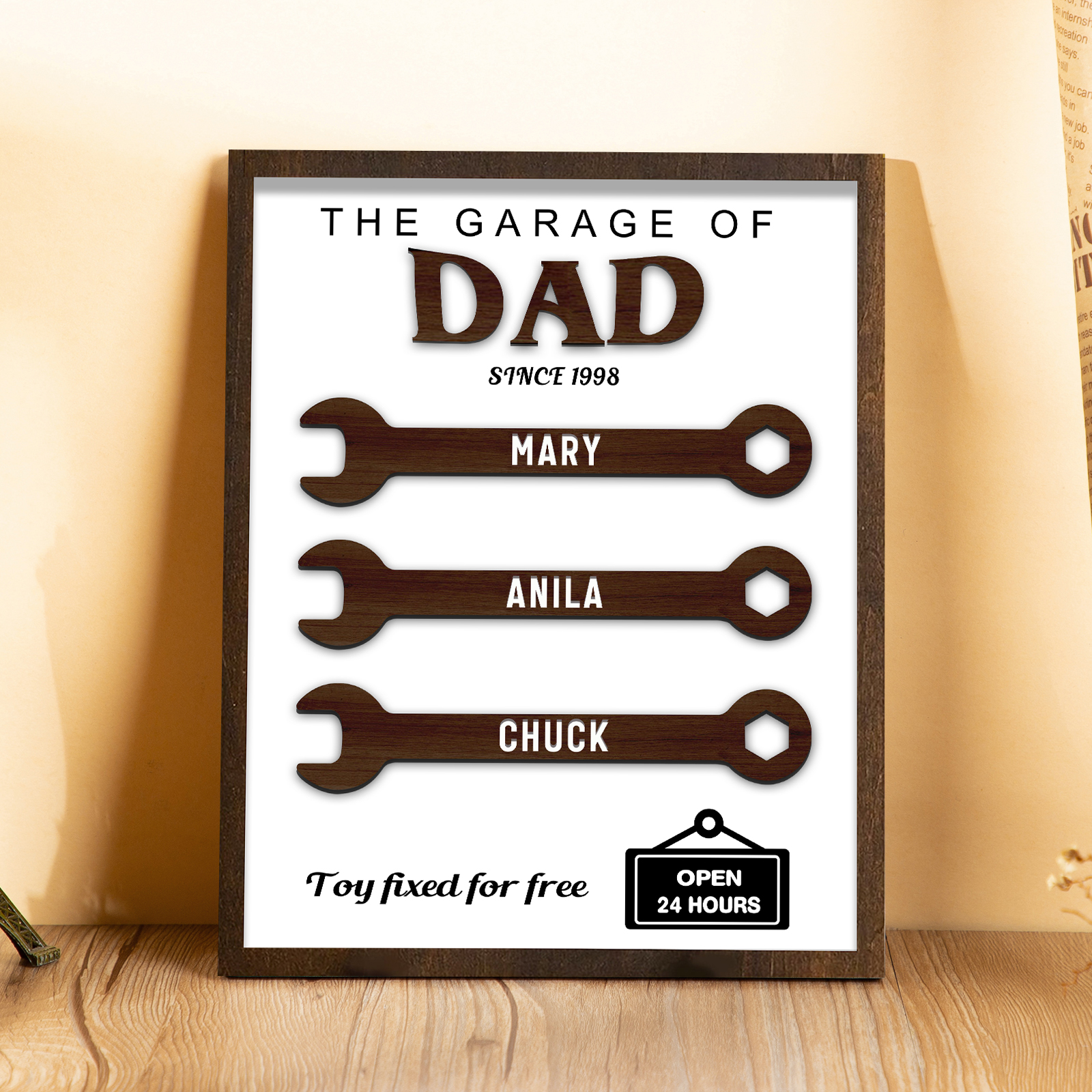 3 Names - Personalised Repair Tool Style Home Photo Frame Wooden Decor Father's Day Gift for Dad