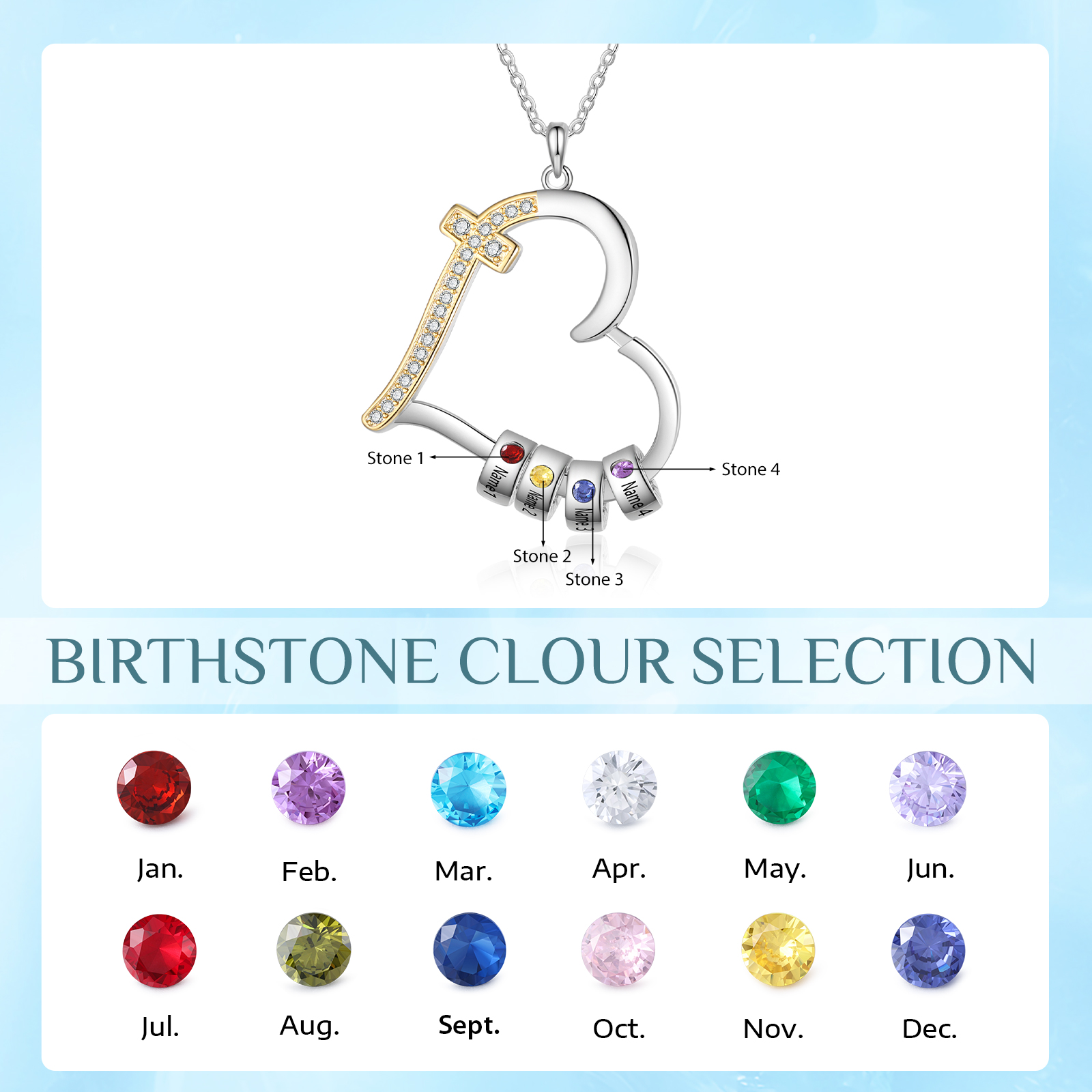 Personalised 2-5 Names Beads Cross Heart Shaped Birthstones Necklace for Her