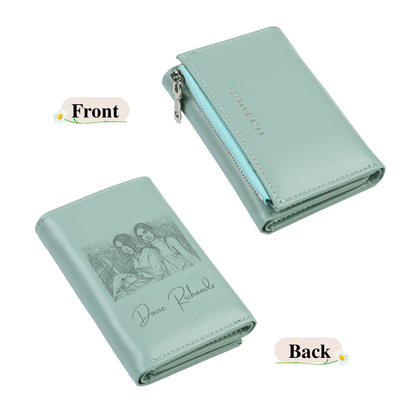 Custom Purse-Personalised Photo Quality Leather Folding Zip Wallet Custom Text Wallet Gift for Her