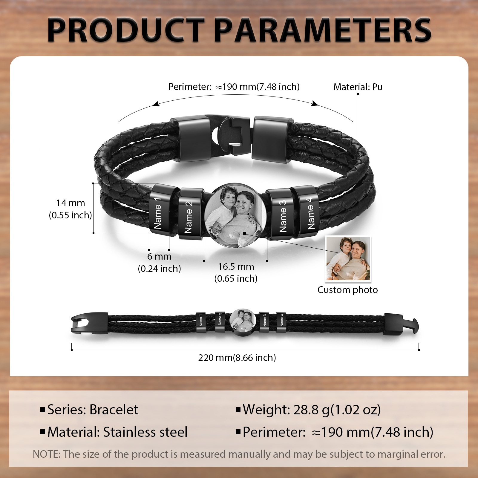 Personalised Braided Leather Bracelet Engraved with 4 Names and Customized 1 Photo Men's Bracelet for Dad
