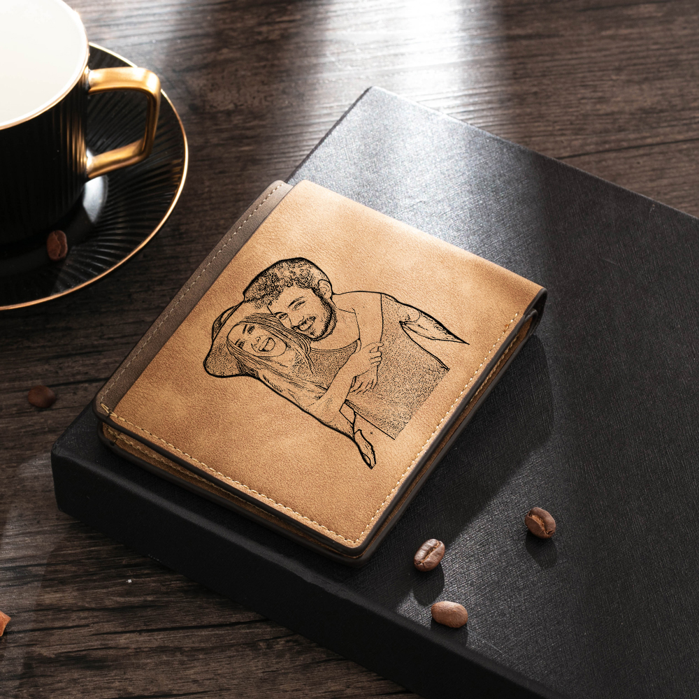 Brown Personalised Leather Wallet Engraved Photo Short Wallet Folding Wallet For Dad