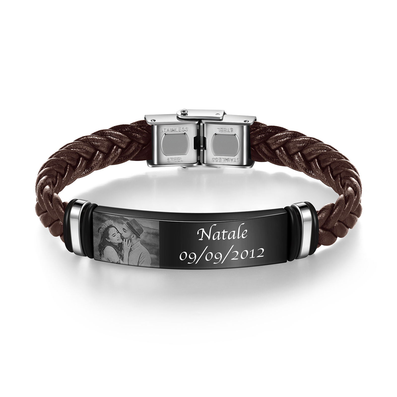 Personalised PU Leather Men's Photo Bracelet, Custom Name Bracelet Vintage Gift for Him