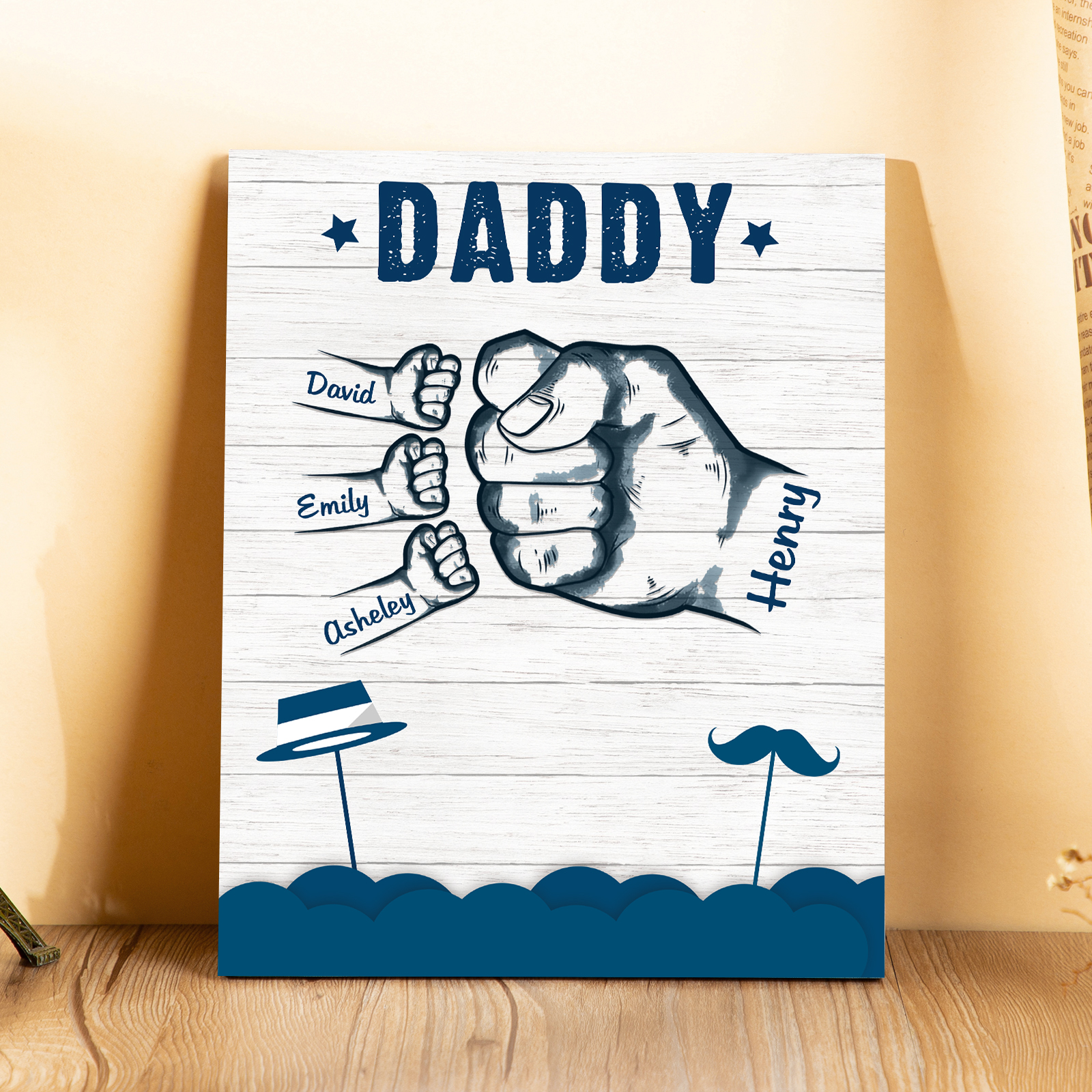 4 Names - Personalised Wooden Ornament Fist Bump Style Engraved Name and Text Ornament for Dad
