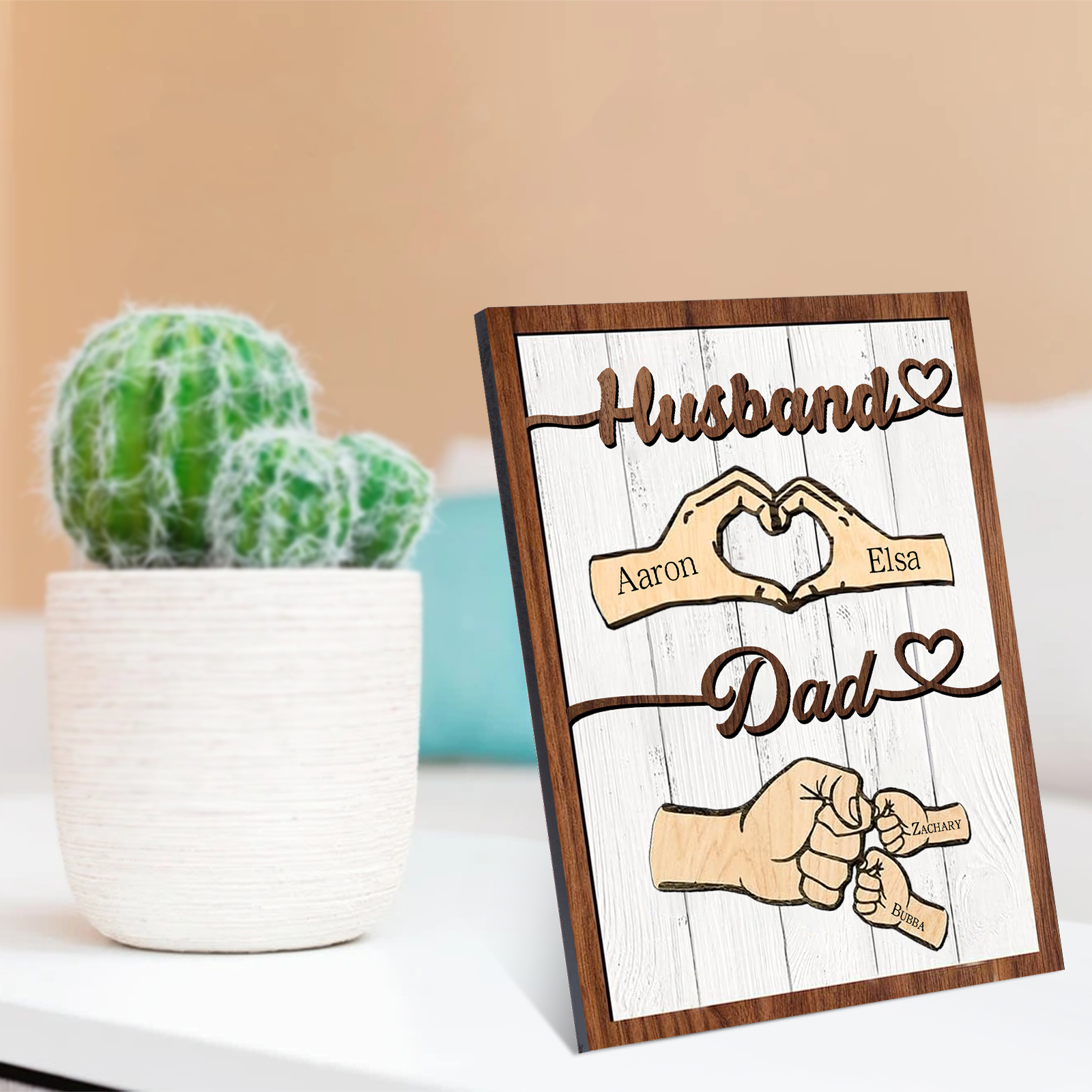 4 Names - Personalised Fist Bump Home Wooden Decor Father's Day Gift for Dad