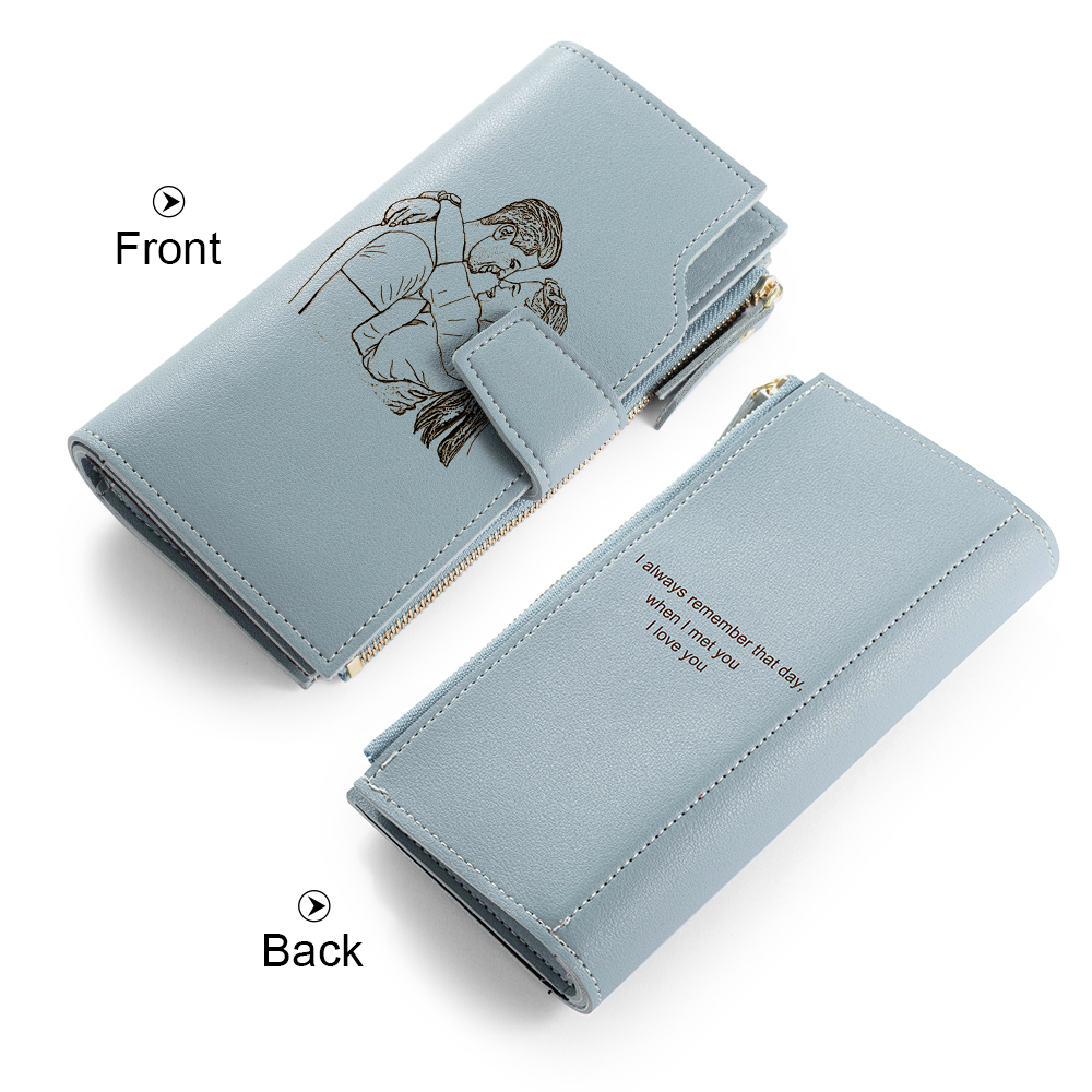 Custom Purse-Blue Personalised Leather Wallet Engraved Photo Long Purse Gifts For Women