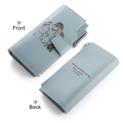 Custom Purse-Blue Personalised Leather Wallet Engraved Photo Long Purse Gifts For Women