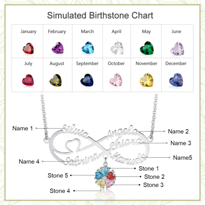 Personalised Infinity Necklace With 5 Birthstones Engraved Names Necklace Gift For Women