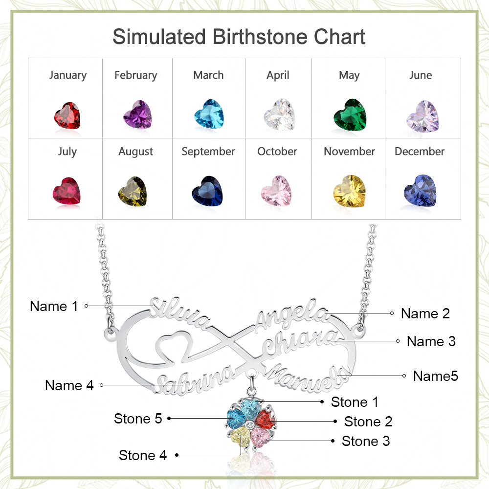 Personalised Infinity Necklace With 6 Birthstones Engraved Names Necklace Gift For Women