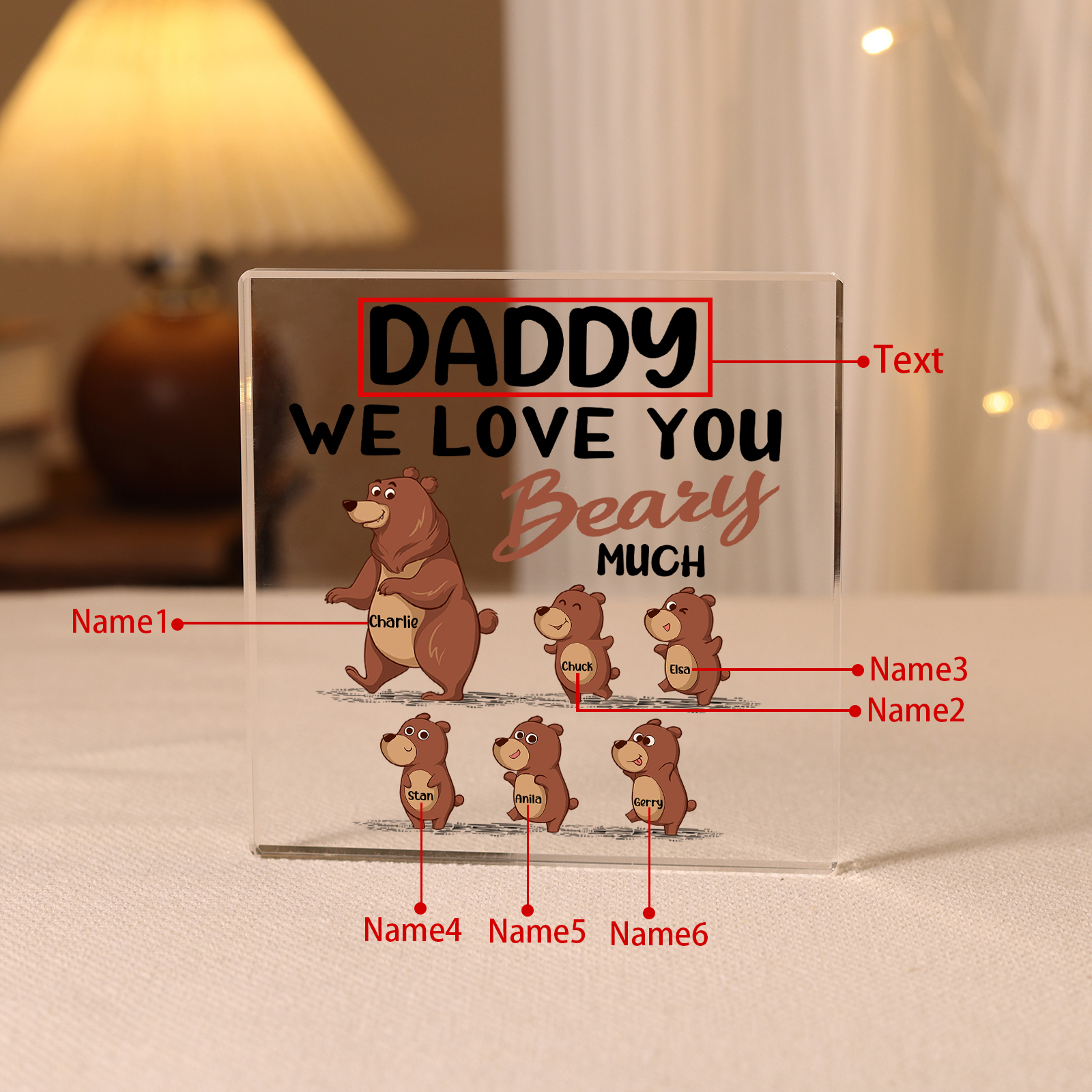 6 Names-Personalised Bear Family Acrylic Keepsake-Custom Text and Names-Acrylic Plaque Home Decoration Gift for Daddy/Grandad
