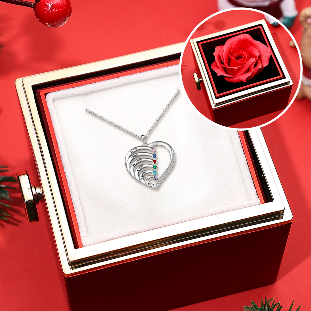 6 Names-Personalised Birthstone Necklace Engraved Set With Rose Gift Box 6 Names-Custom Birthstone Intertwined Heart Pendant Gifts for Her