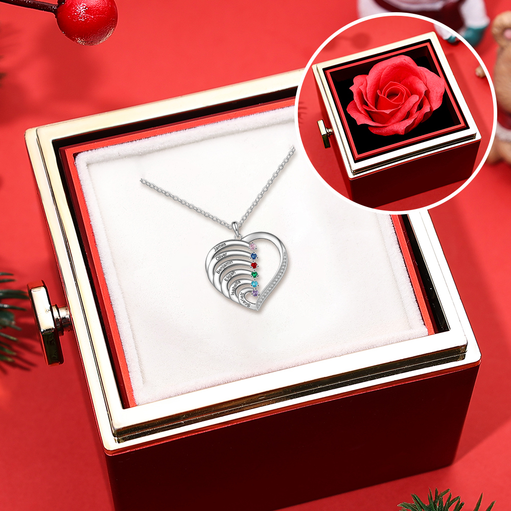 6 Names-Personalised Birthstone Necklace Engraved Set With Rose Gift Box 6 Names-Custom Birthstone Intertwined Heart Pendant Gifts for Her