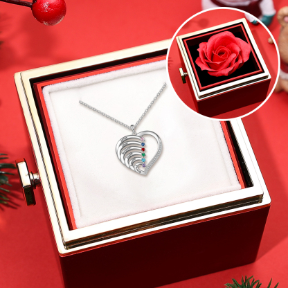 6 Names-Personalised Birthstone Necklace Engraved Set With Rose Gift Box 6 Names-Custom Birthstone Intertwined Heart Pendant Gifts for Her