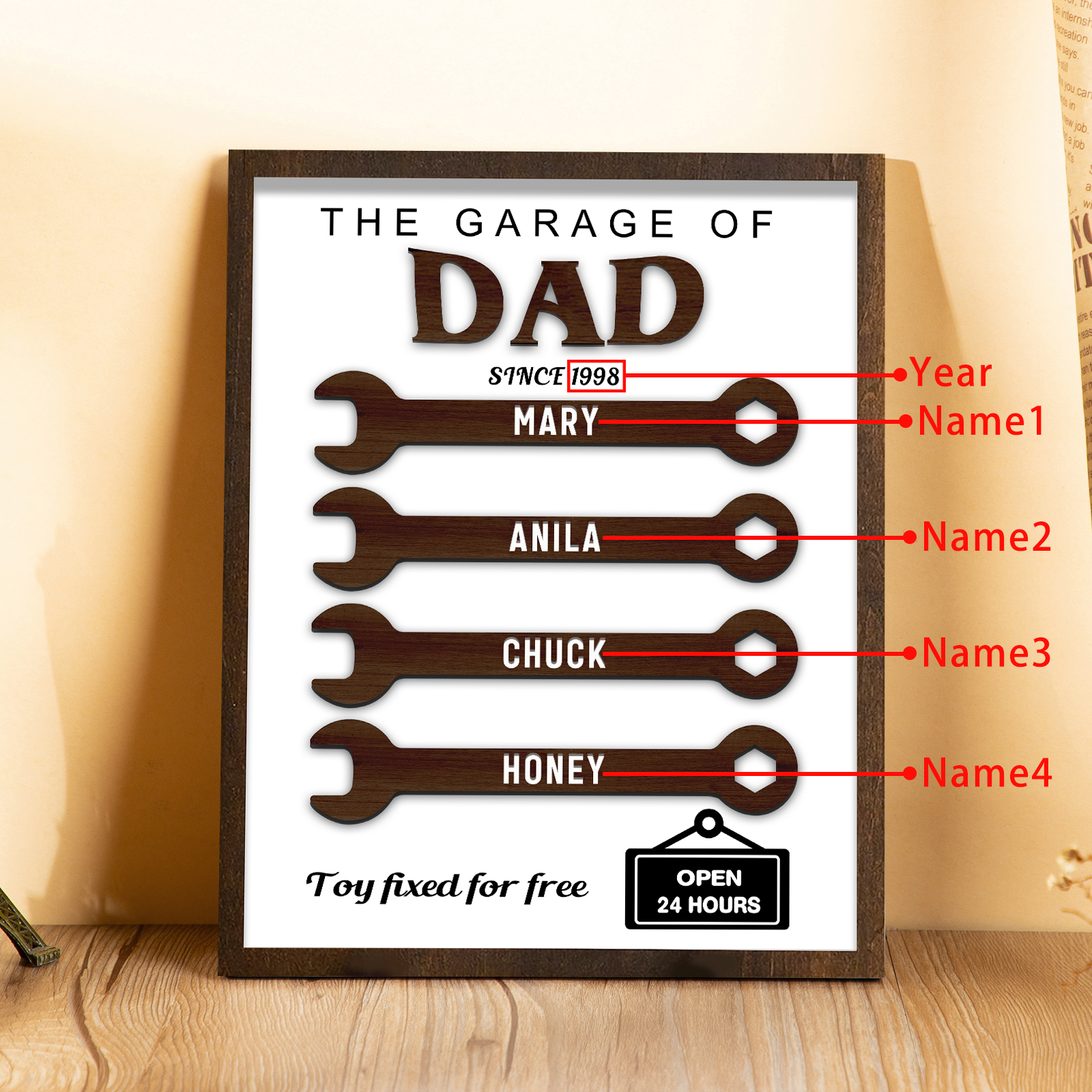 4 Names - Personalised Repair Tool Style Home Photo Frame Wooden Decor Father's Day Gift for Dad