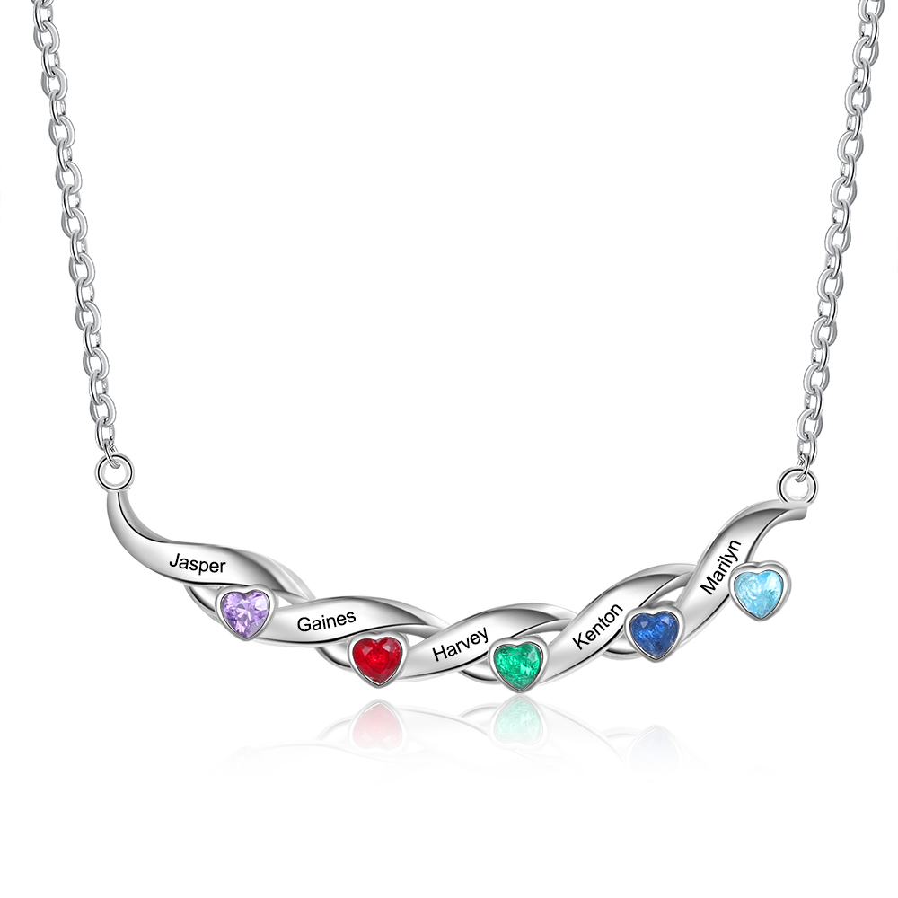 Mother's Day Gifts Customized Spiral Cascading Pendant Necklace with 5 Birthstones Engraving 5 Names