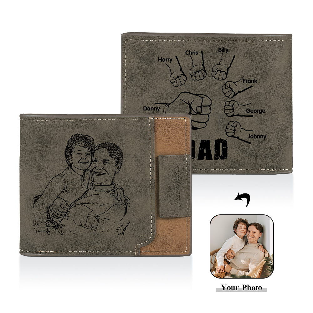 7 Names - Personalised Fist Bump Photo Custom Leather Men's  Wallet as a Father's Day Gift for Dad