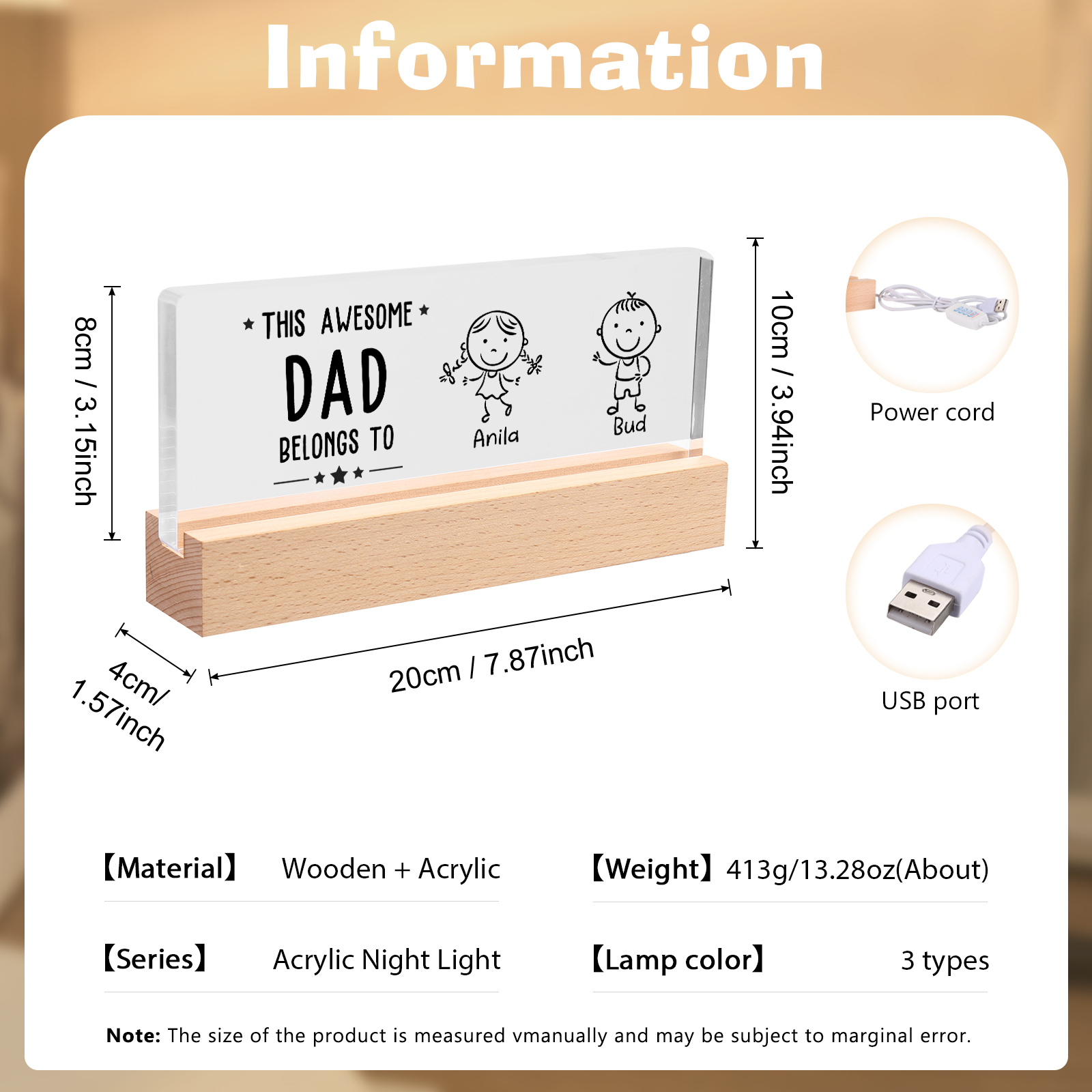 2 Names & Doll Gender - Personalised Lamp -This Awesome Dad  Belongs To - Father's Day Gift for Dad