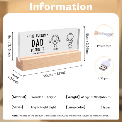 2 Names & Doll Gender - Personalised Lamp -This Awesome Dad  Belongs To - Father's Day Gift for Dad