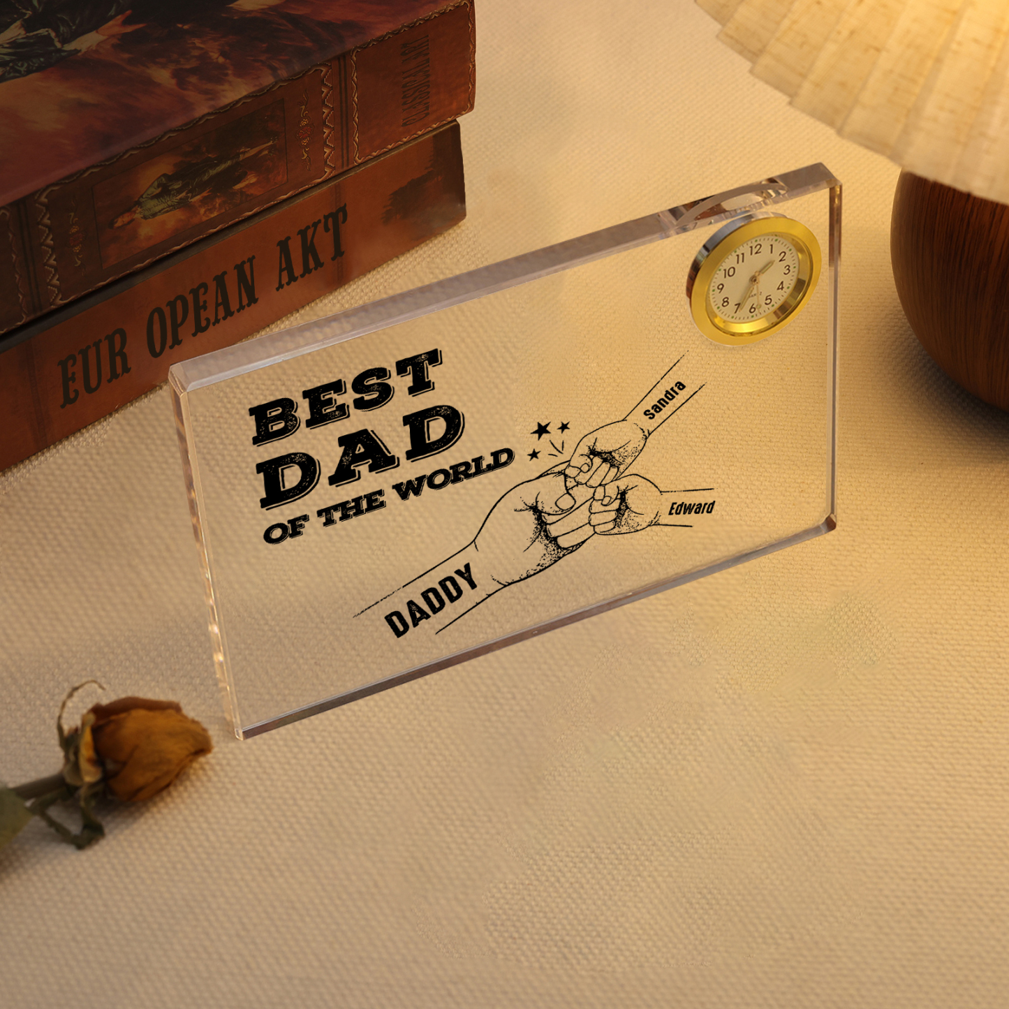 3 Names - Personalised Fist Bump Acrylic Rectangular Clock Ornament Father's Day Gift for Dad