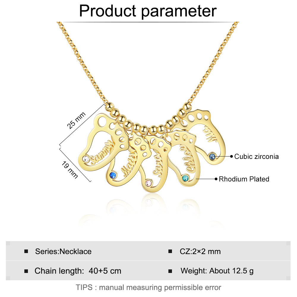 Personalised Baby Foot Necklace With 5 Birthstones Engraved Names Gift For Mother