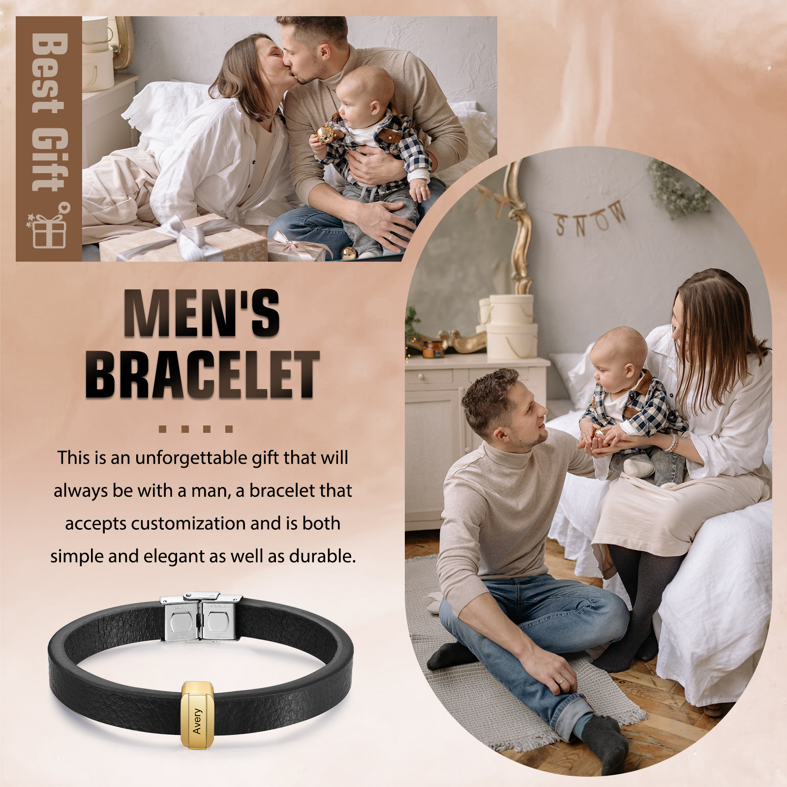 1 Name Personalised Stainless Steel Leather Bracelet Engraved Name Men's Bracelet Gift for Dad