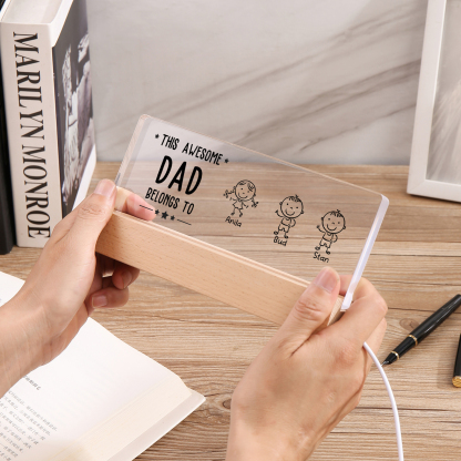 3 Names & Doll Gender - Personalised Lamp -This Awesome Dad  Belongs To - Father's Day Gift for Dad