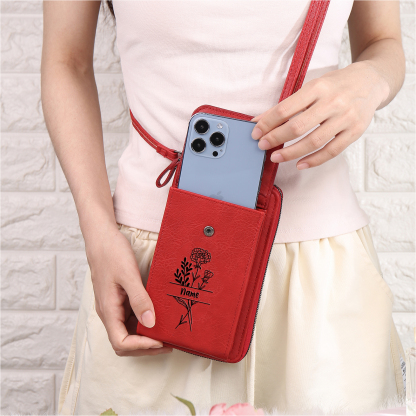 Custom Purse-Personalised Women's Leather Wallet Custom Birthflower & Name Mobile Phone Wallet Zipper Crossbody Bag